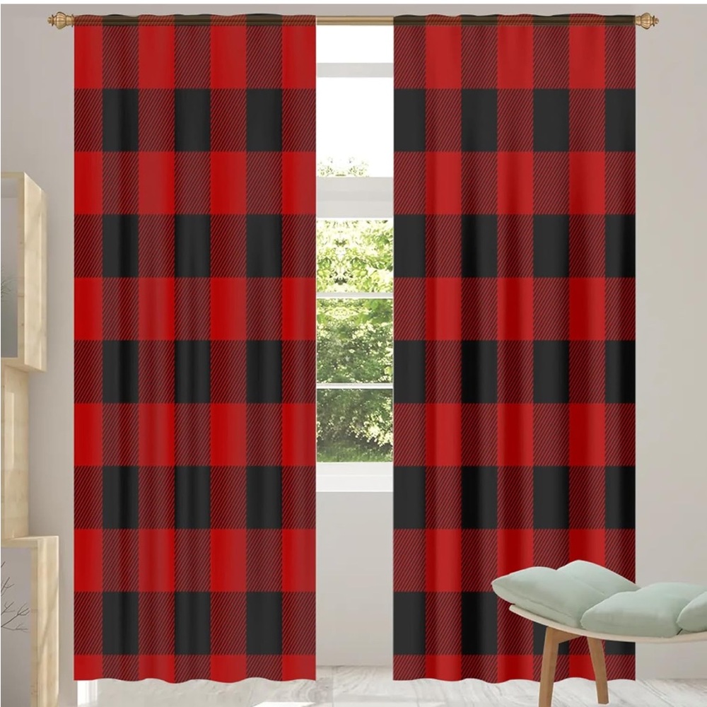 NWT Red and White Buffalo Plaid Sheer Curtains 84 Inches Long Rod Pocket
